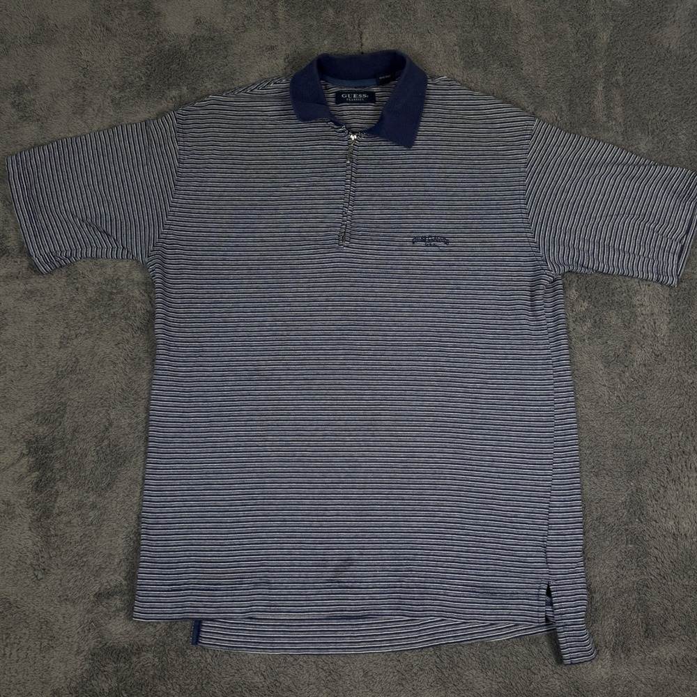 Guess Striped Polo Navy Blue Quarter Zip Large